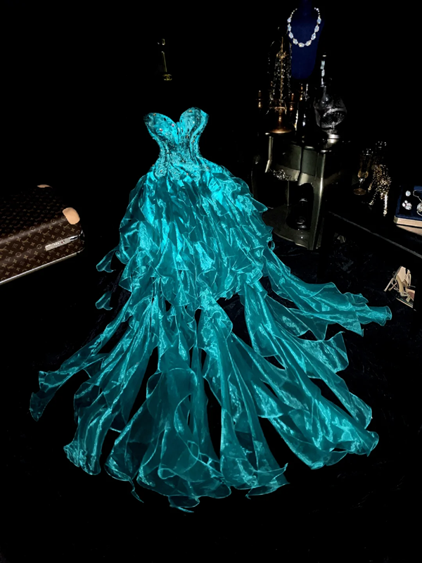 Lake blue strapless fitted waist slim-fitting tassel skirt fairy ball gown R6928