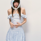 Blue Gingham Off-Shoulder Mini Dress with Ruffled Neckline, Smocked Back, Bubble Hem R9253
