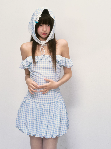 Blue Gingham Off-Shoulder Mini Dress with Ruffled Neckline, Smocked Back, Bubble Hem R9253