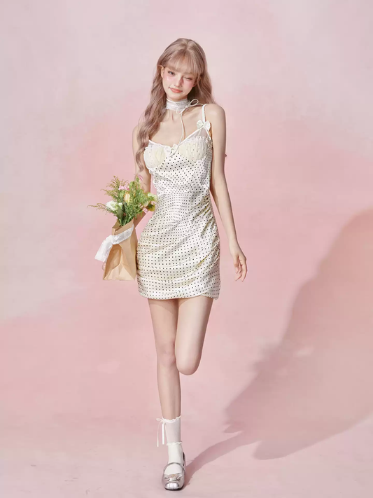 Sleeveless Polka Dot Mini Dress with Sheer Lace Bust and Ruched Skirt R9233