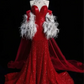 Red halter-neck sequined fitted waist slim-fitting mermaid-style sexy ball gown R6449