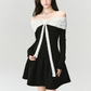 Black And White Off The Shoulder Mini Dress With Lace Trim And Bow Detail R9448