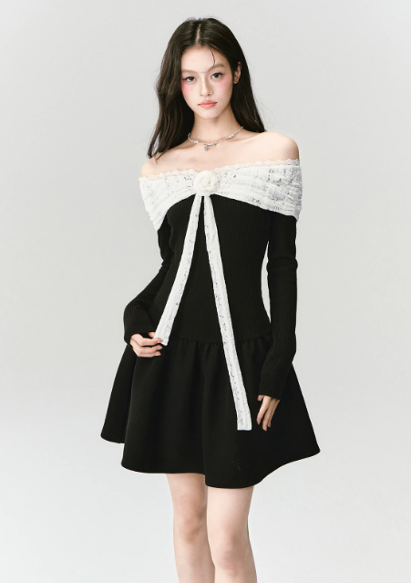 Black And White Off The Shoulder Mini Dress With Lace Trim And Bow Detail R9448