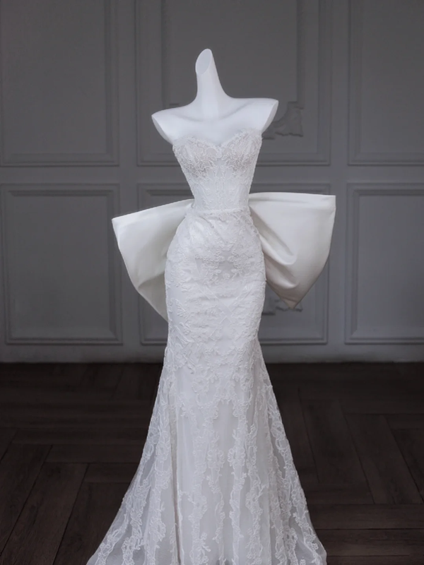 White tube top waist bow design slim hip long dress bridal dress R5776