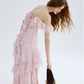 Pink Chiffon Off-Shoulder Maxi Dress Women With Ruffled Tiered Skirt R9462
