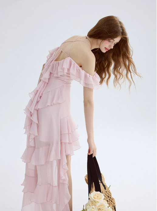 Pink Chiffon Off-Shoulder Maxi Dress Women With Ruffled Tiered Skirt R9462