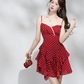 Retro Red Polka Dot Tiered Mini Dress, Women's Cami Strap with Lace Trim Chiffon Dress R9331