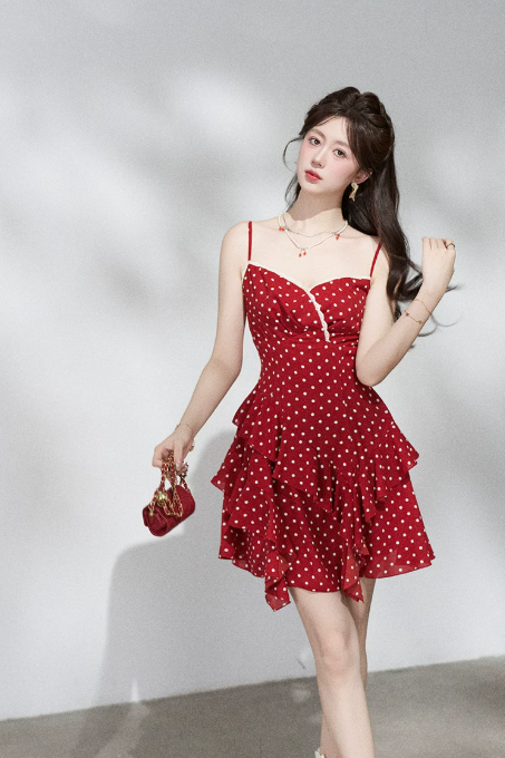 Retro Red Polka Dot Tiered Mini Dress, Women's Cami Strap with Lace Trim Chiffon Dress R9331
