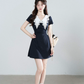 Navy A-Line Dress, Women's Short Sleeve with White Lace Collar and Waist Ruched Mini Dress R9341