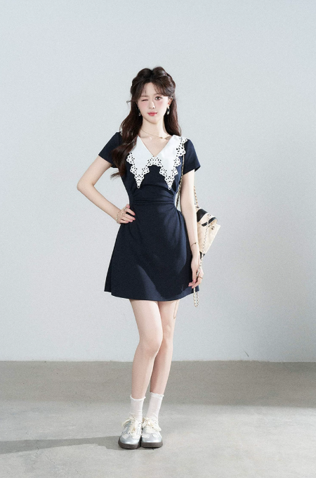 Navy A-Line Dress, Women's Short Sleeve with White Lace Collar and Waist Ruched Mini Dress R9341