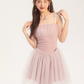 Ethereal Pink Corset Cami Dress With Layered Tulle Skirt, Bow Ties And Ruched Bust R9300
