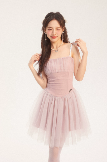 Ethereal Pink Corset Cami Dress With Layered Tulle Skirt, Bow Ties And Ruched Bust R9300