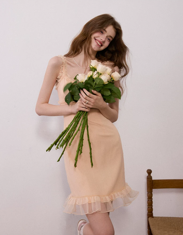 French Vacation Pink Cami Dress Ruffle Trim Mini Dress Summer Slim Party Dress R9465