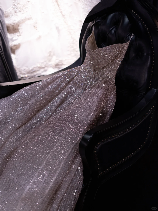 Light champagne-colored halter-neck sequined fitted long ball gown, bridal dress R8825