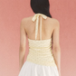 Butter Yellow Polka Dot Halter Top and White Mini Skirt Set with Ruched Waist, V-Neck and Bubble Hem R9249