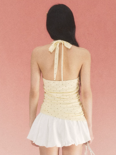 Butter Yellow Polka Dot Halter Top and White Mini Skirt Set with Ruched Waist, V-Neck and Bubble Hem R9249