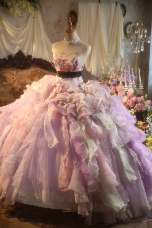 Light purple strapless ball gown with a cinched waist and a voluminous puffy skirt; bridal gown R7281