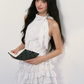 White Halter Neck Tiered Mini Dress with Bow Neckline, Button Front, Smocked Back and Ruffled Skirt R9250