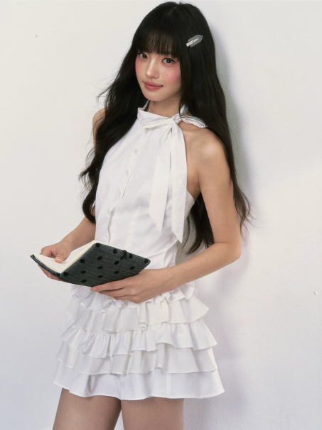 White Halter Neck Tiered Mini Dress with Bow Neckline, Button Front, Smocked Back and Ruffled Skirt R9250