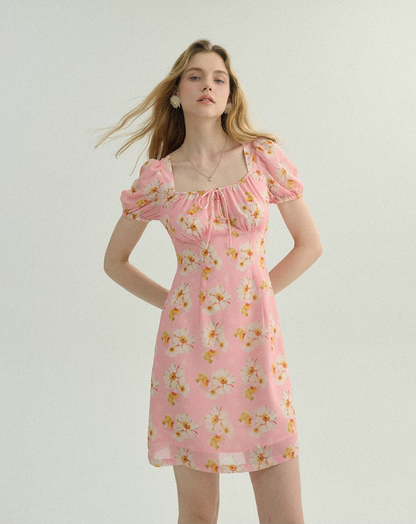 Pink Floral Print Mini Dress Women With Puff Sleeves And Square Neck R9481