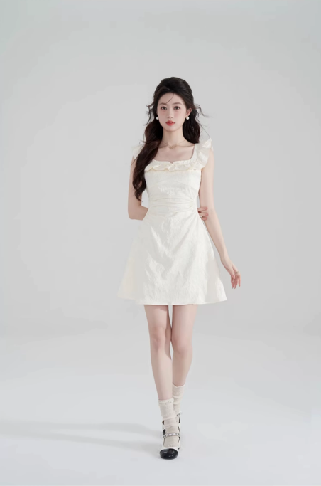 Cream White A-Line Dress, Women's Ruffle Neck Textured Sleeveless Mini Dress R9336