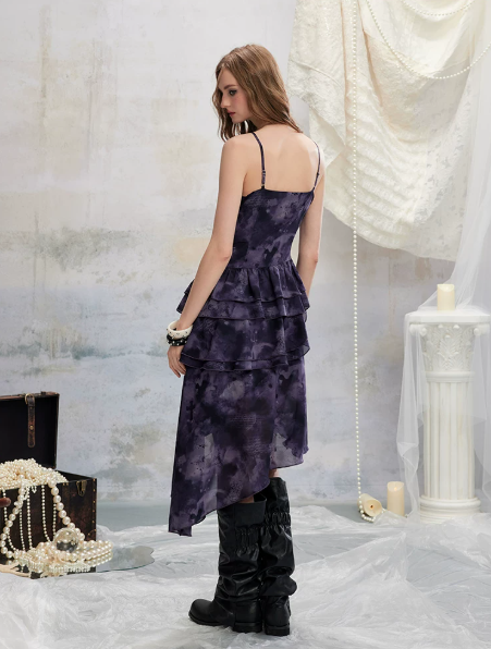 Grunge Style Purple Tie-Dye Cami Dress With Tiered Skirt And Layered Design R9306