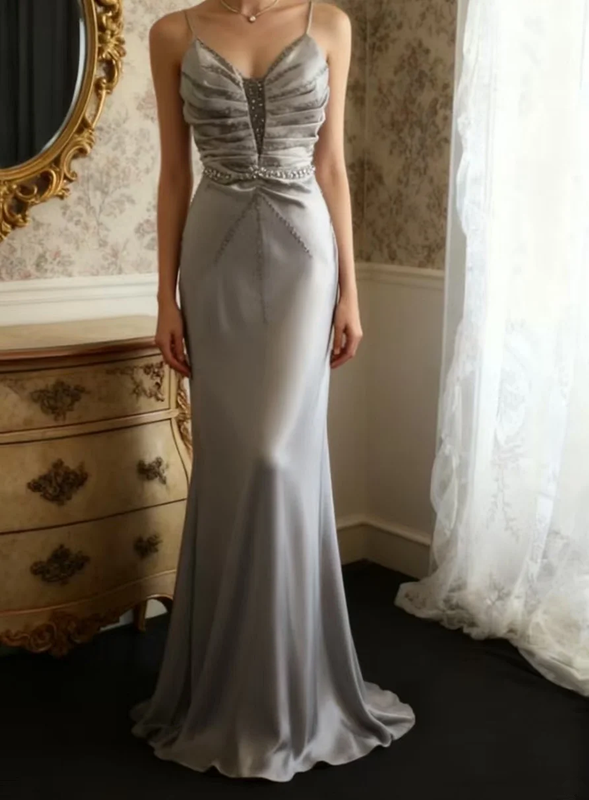 Grey halter-neck rhinestone fitted long ball gown R6689