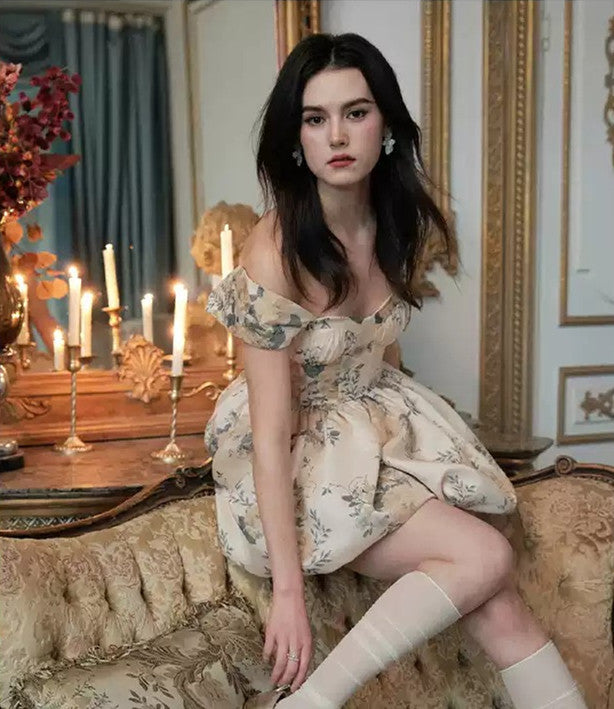 Beige Floral Print Corset Dress with Off-Shoulder Straps and Back Zipper R9185