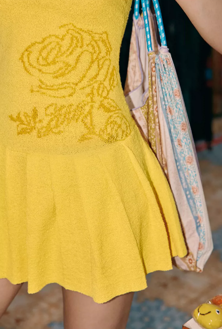 Yellow Halter Neck Mini Dress With Rose Embroidery And Pleated Skirt R9284