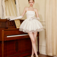 SainteYunne Swan Mirror White Tulle Mini Dress Pearl Embellished Corset Formal Cocktail Party Gown R9207