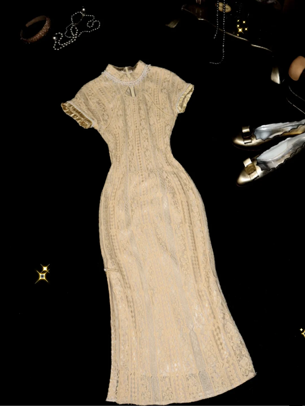 Apricot-colored, fitted, mid-length ball gown with a Chinese style R6848