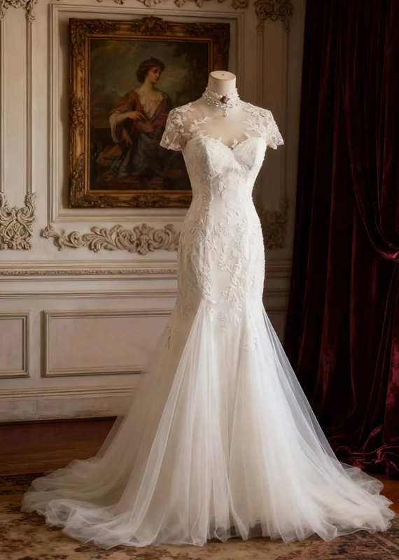 White lace neckline, fitted waist, bodycon long ball gown, bridal gown R6729