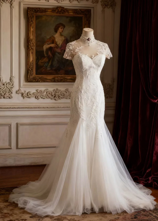 White lace neckline, fitted waist, bodycon long ball gown, bridal gown R6729