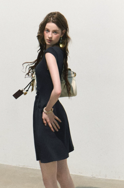 French Style Dark Blue Bodycon Dress High Waist Slim Fit Casual Party Dress R9356