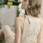 Cream White Halter Mini Dress with Jacquard Fabric, Bow Detail, Open Back and Flared Skirt R9261