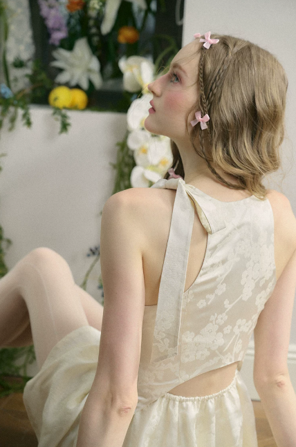 Cream White Halter Mini Dress with Jacquard Fabric, Bow Detail, Open Back and Flared Skirt R9261