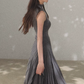 Grey Turtleneck Sleeveless Midi Dress Women Diagonal Ruched Asymmetrical Hem Dress R9357