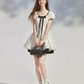 White Polka Dot Mini Dress with Black Bow and Puff Sleeves R9213