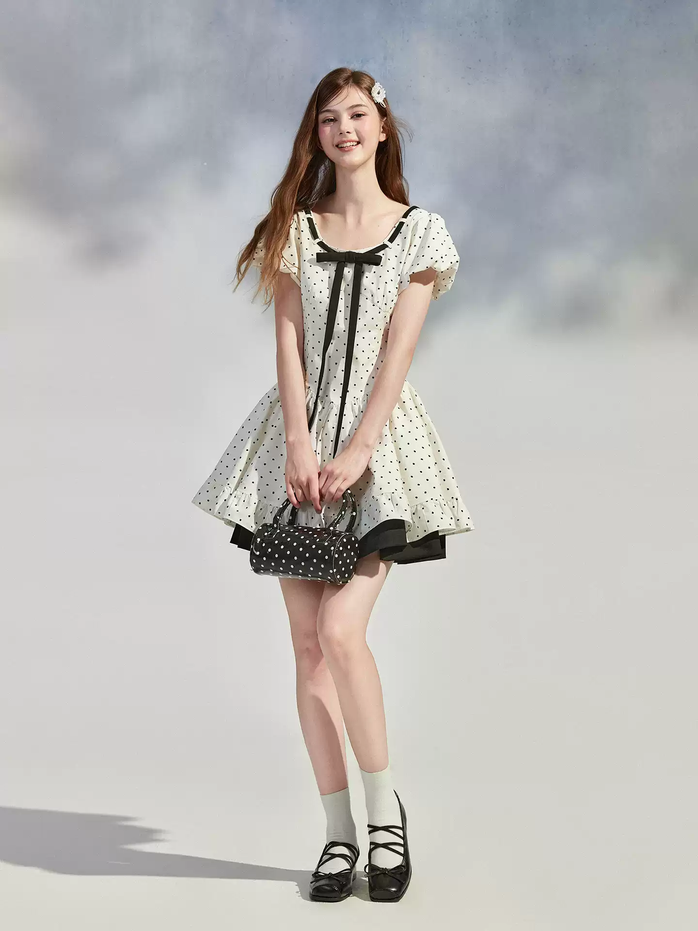 White Polka Dot Mini Dress with Black Bow and Puff Sleeves R9213