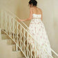 Cream Floral Cami Dress with Sheer Mesh Waist, High-Low Puff Skirt & Back Zipper R9184