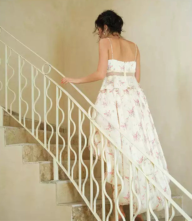 Cream Floral Cami Dress with Sheer Mesh Waist, High-Low Puff Skirt & Back Zipper R9184