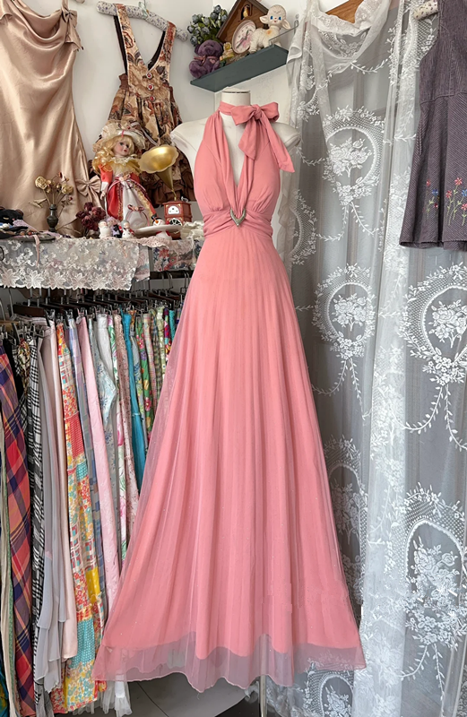 Pink halter neck waist A-line elegant long ball gown R6210