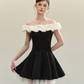 Classic Black White Off Shoulder A-Line Party Dress with Ruffle Top R9215
