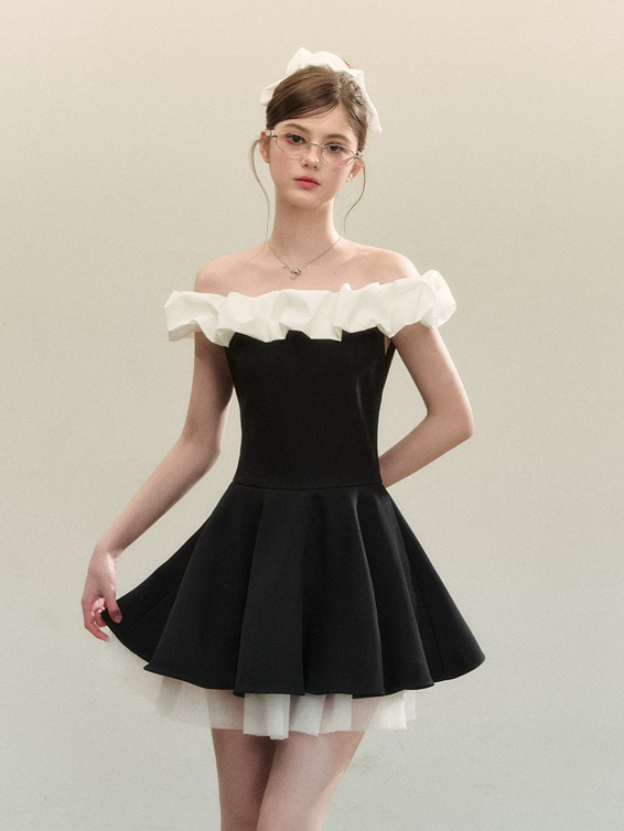 Classic Black White Off Shoulder A-Line Party Dress with Ruffle Top R9215
