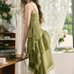 Olive Green Asymmetric Lace Cami Dress with Tiered Ruffle Skirt and Corset Back R9264