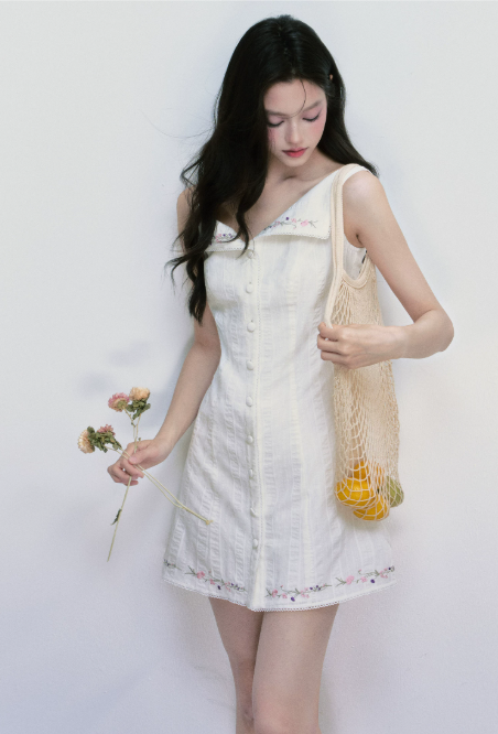 White Cotton Textured Sleeveless Mini Dress Women With Floral Embroidery Trim R9404