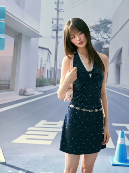Navy Blue Polka Dot Halter Neck Mini Dress Women Lace Trim Bodycon Dress R9351