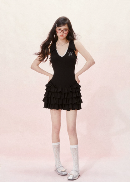 Fairycore Black Sleeveless Dress With Tiered Cake Skirt And V-Neckline R9296