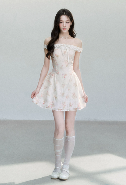 Floral Print Off The Shoulder Mini Dress Women With Lace Trim And Bow Detail R9410