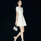 Cream White Short Sleeve Party Dress with Sparkling Neckline R9206